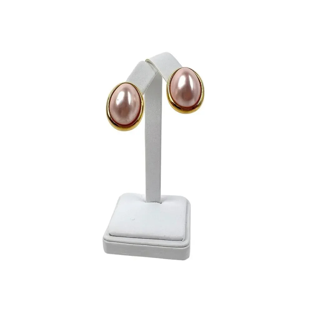 Vintage Trifari Earrings Pink Lucite Cabochon Pierced Stud Oval Gold Tone Pastel - Picture 7 of 10